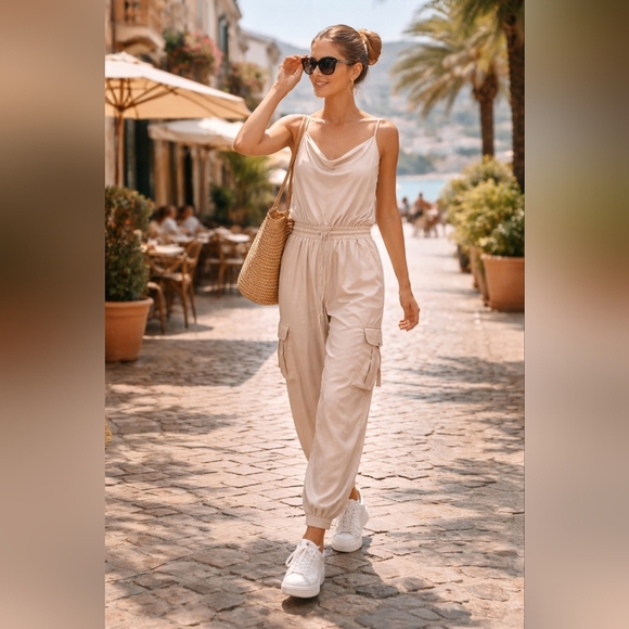 Promesa Pants - Promesa Champagne Satin Cargo Jumpsuit XL | Cowl Neck Elastic Waist Pockets